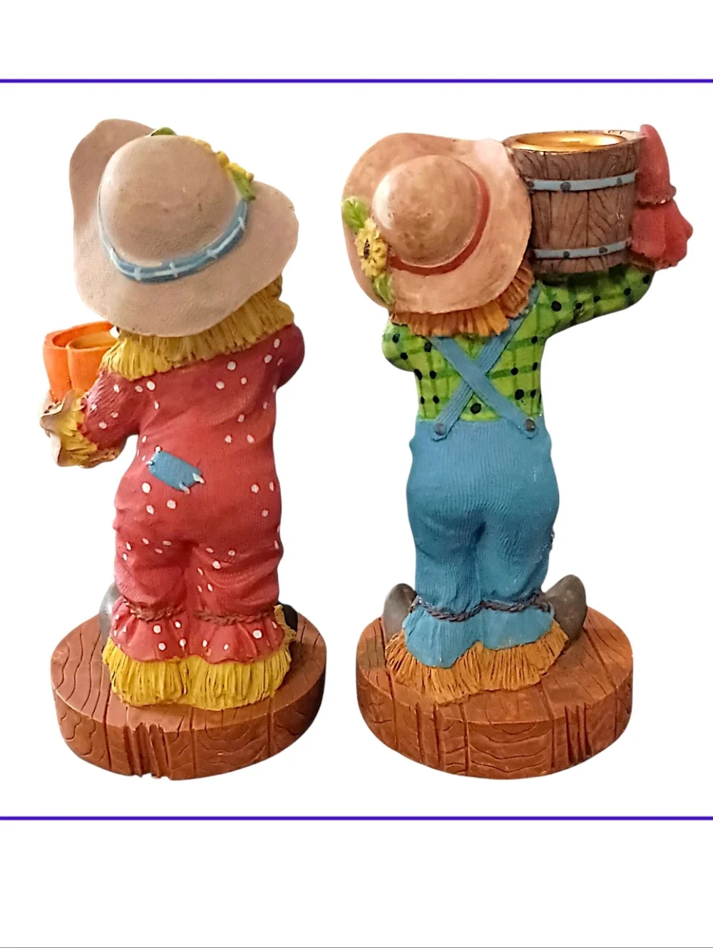 2 Vtg Scarecrow Candle Holders Resin Fall Thanksgiving Decor‎ Halloween Autumn